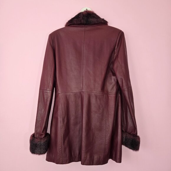 Women's Burgundy Faux Fur Trim Jacket - Picture 2 of 7